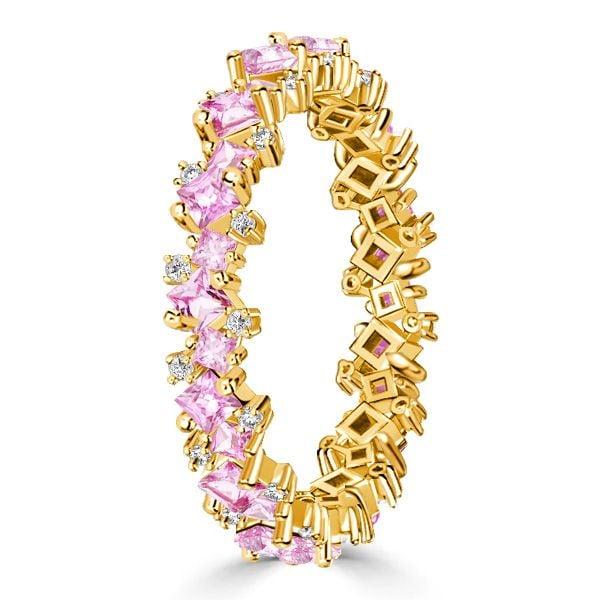 1.27 CT Princess Cut Pink Sapphire Eternity Band Ring, 18K Gold Plated Sterling Silver