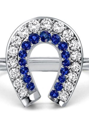 White & Blue Sapphire Horseshoe Ring for Women - Sterling Silver Engagement Ring