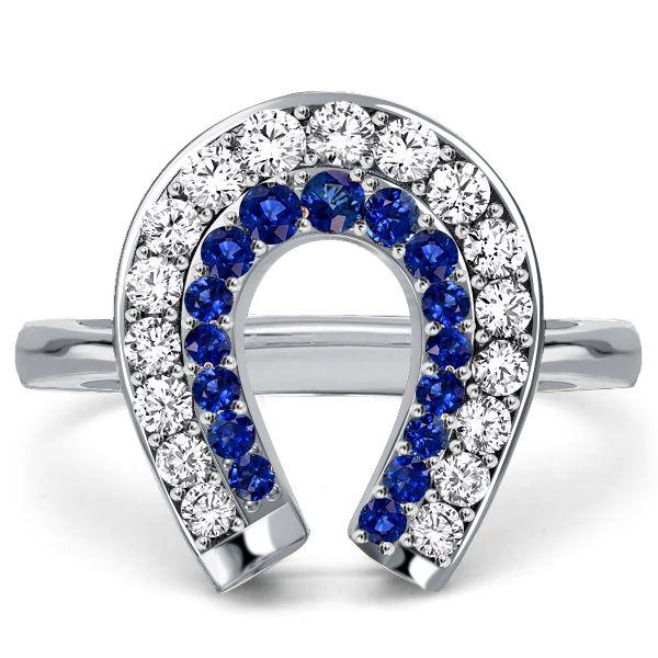 White & Blue Sapphire Horseshoe Ring for Women - Sterling Silver Engagement Ring