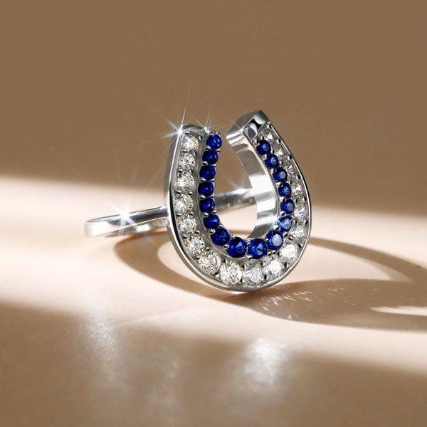 White & Blue Sapphire Horseshoe Ring for Women - Sterling Silver Engagement Ring
