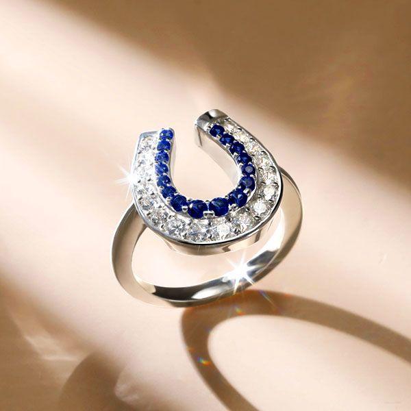 White & Blue Sapphire Horseshoe Ring for Women - Sterling Silver Engagement Ring