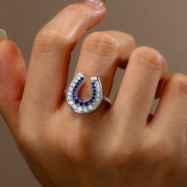 White & Blue Sapphire Horseshoe Ring for Women - Sterling Silver Engagement Ring
