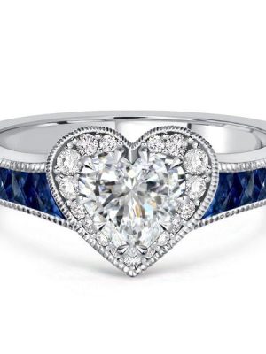 Blue Sapphire Heart Halo Wedding Ring - 925 Sterling Silver