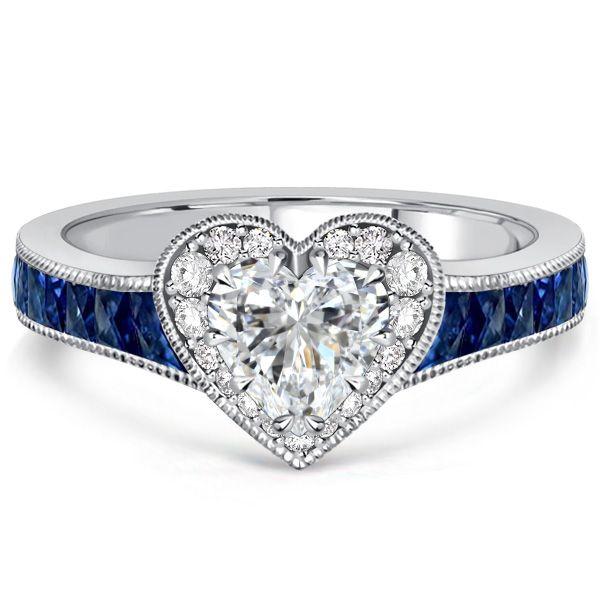 Blue Sapphire Heart Halo Wedding Ring - 925 Sterling Silver
