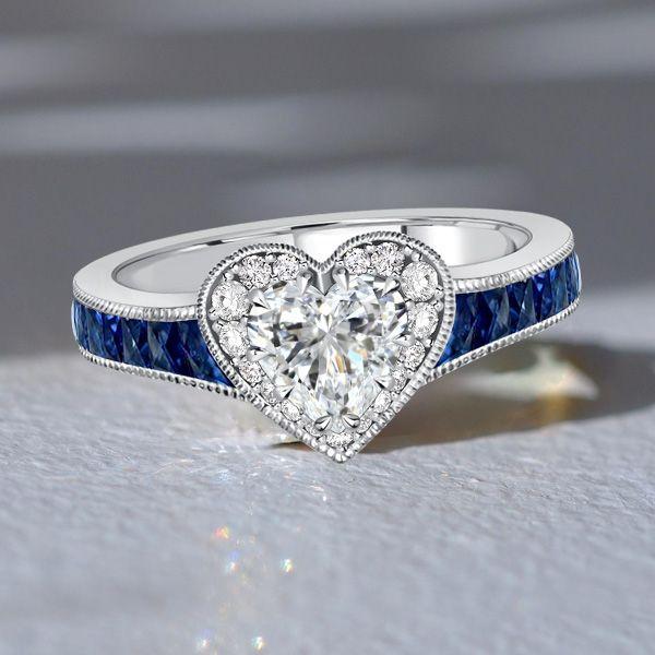 Blue Sapphire Heart Halo Wedding Ring - 925 Sterling Silver