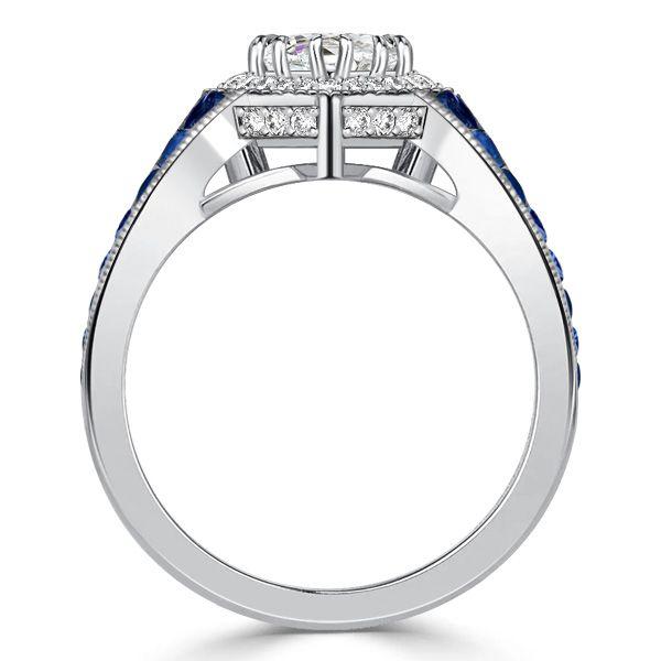 Blue Sapphire Heart Halo Wedding Ring - 925 Sterling Silver