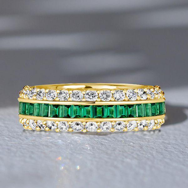 Triple Row White & Green Created Emerald Eternity Band - 18K Gold Plated Sterling Silver