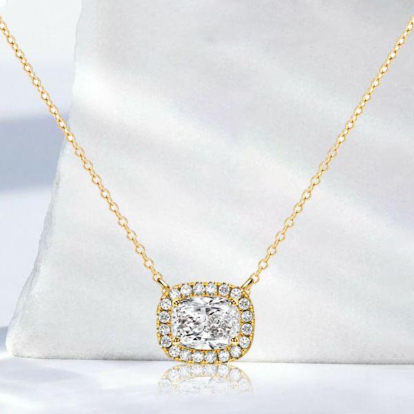 Cushion Cut White Sapphire Halo Pendant Necklace for Women - Sterling Silver