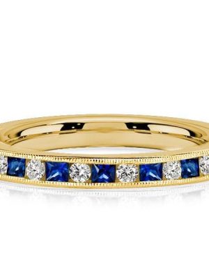 Princess Cut Blue and White Diamond Half Eternity Band in 18K Gold Plated Sterling Silver