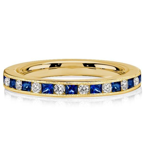 Princess Cut Blue and White Diamond Half Eternity Band in 18K Gold Plated Sterling Silver