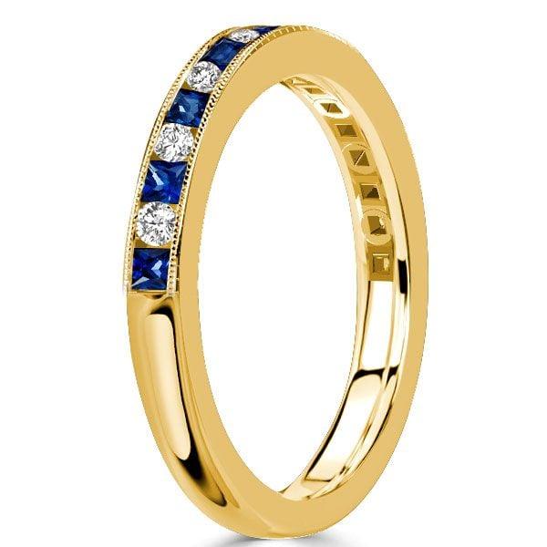 Princess Cut Blue and White Diamond Half Eternity Band in 18K Gold Plated Sterling Silver