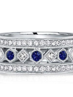 Vintage Milgrain Blue Sapphire Sterling Silver Eternity Wedding Band for Women