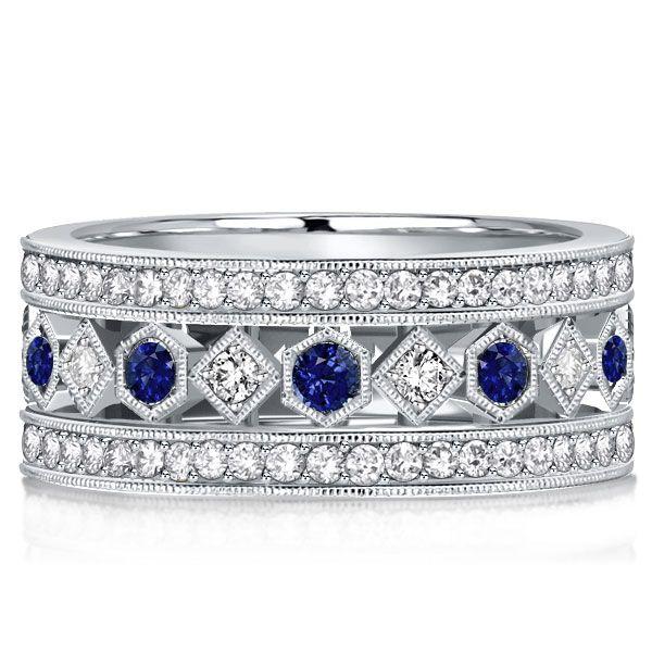 Vintage Milgrain Blue Sapphire Sterling Silver Eternity Wedding Band for Women