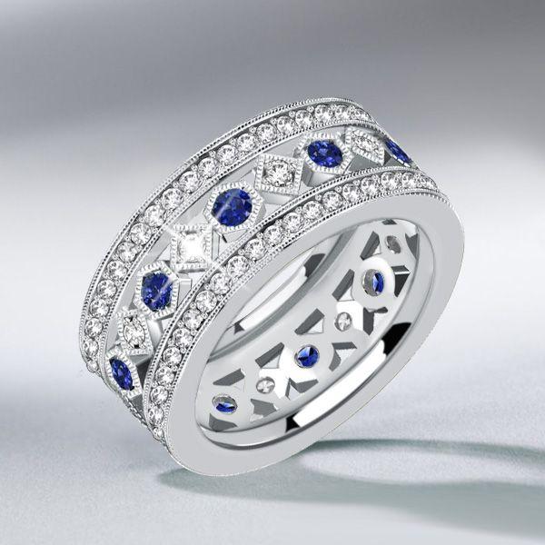 Vintage Milgrain Blue Sapphire Sterling Silver Eternity Wedding Band for Women