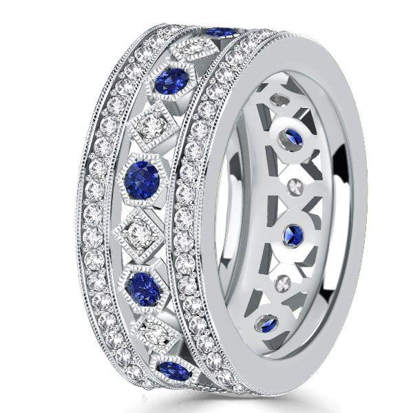 Vintage Milgrain Blue Sapphire Sterling Silver Eternity Wedding Band for Women