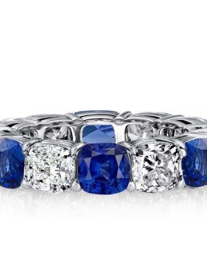 White & Blue Sapphire Cushion Cut Sterling Silver Eternity Band