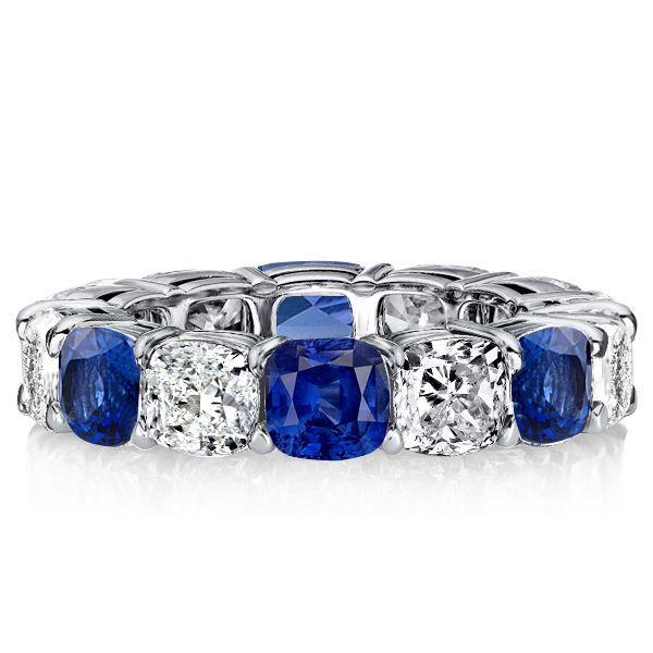 White & Blue Sapphire Cushion Cut Sterling Silver Eternity Band