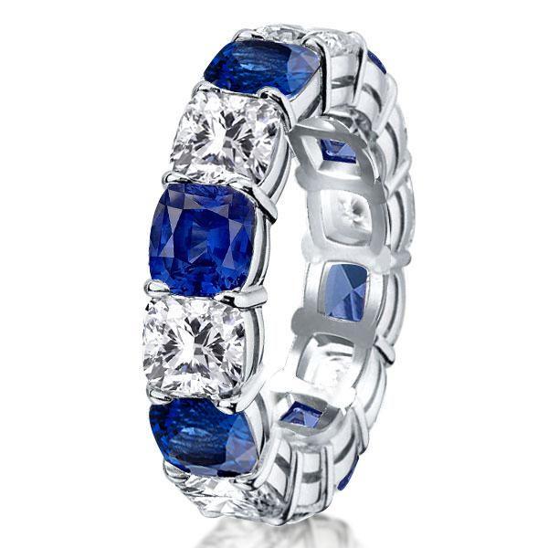 White & Blue Sapphire Cushion Cut Sterling Silver Eternity Band
