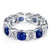 White & Blue Sapphire Cushion Cut Sterling Silver Eternity Band