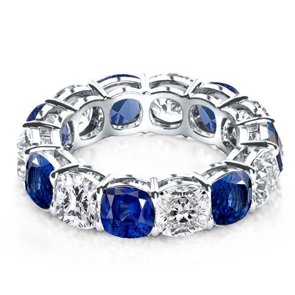 White & Blue Sapphire Cushion Cut Sterling Silver Eternity Band