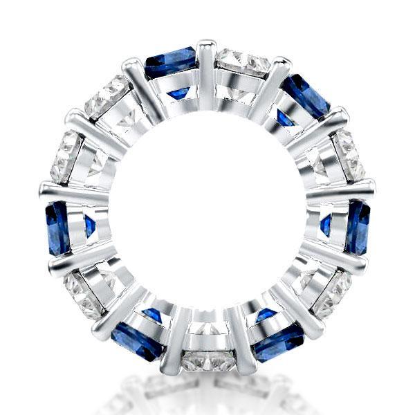 White & Blue Sapphire Cushion Cut Sterling Silver Eternity Band