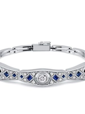 Art Deco Blue and White Sapphire Tennis Bracelet in 925 Sterling Silver