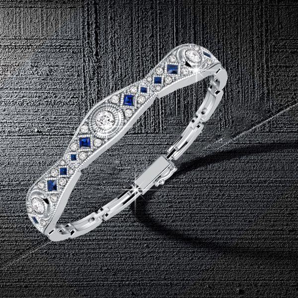 Art Deco Blue and White Sapphire Tennis Bracelet in 925 Sterling Silver