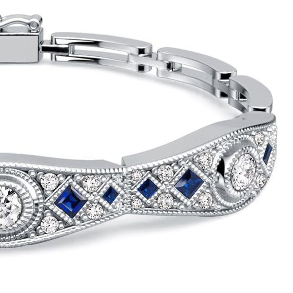 Art Deco Blue and White Sapphire Tennis Bracelet in 925 Sterling Silver