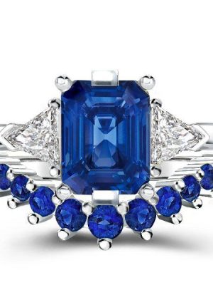 Emerald & Sapphire Three Stone Bridal Set - Sterling Silver