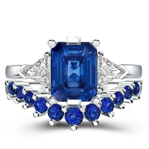 Emerald & Sapphire Three Stone Bridal Set - Sterling Silver