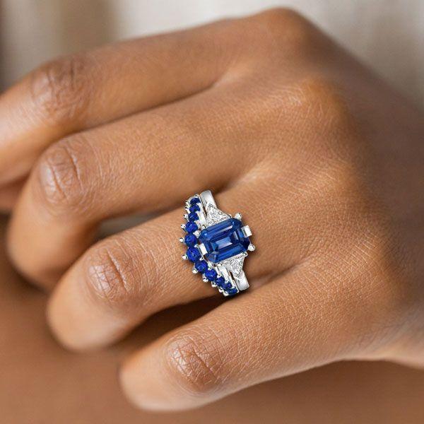 Emerald & Sapphire Three Stone Bridal Set - Sterling Silver