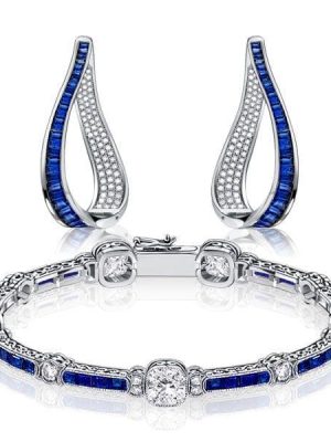 Sterling Silver White and Blue Sapphire Bracelet and Hoop Earrings Jewelry Set