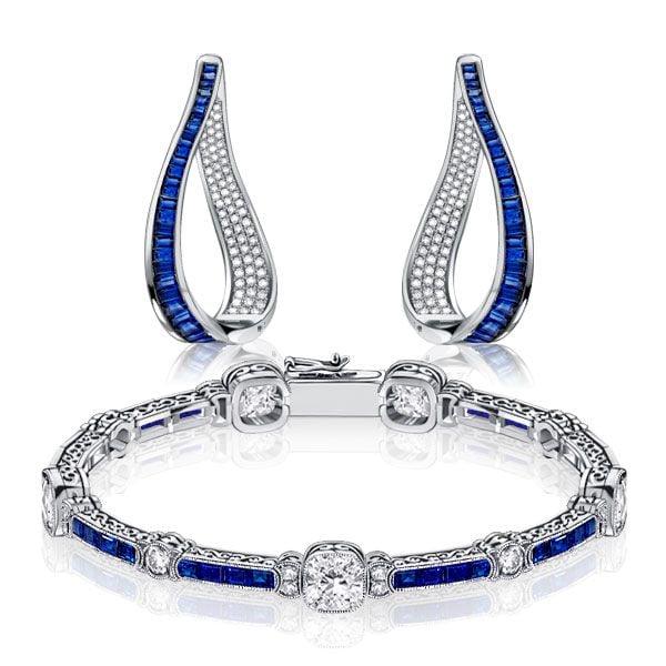 Sterling Silver White and Blue Sapphire Bracelet and Hoop Earrings Jewelry Set