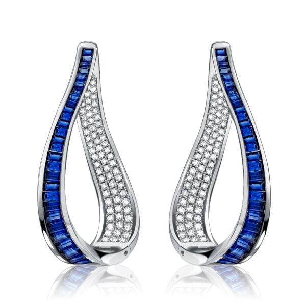 Sterling Silver White and Blue Sapphire Bracelet and Hoop Earrings Jewelry Set