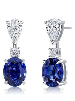 Blue Sapphire Oval Drop Earrings for Women in Sterling Silver