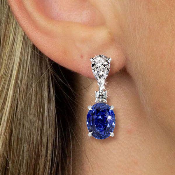 Blue Sapphire Oval Drop Earrings for Women in Sterling Silver