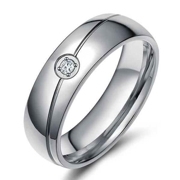 White Sapphire Titanium Wedding Band for Men - Silver Finish, 6mm