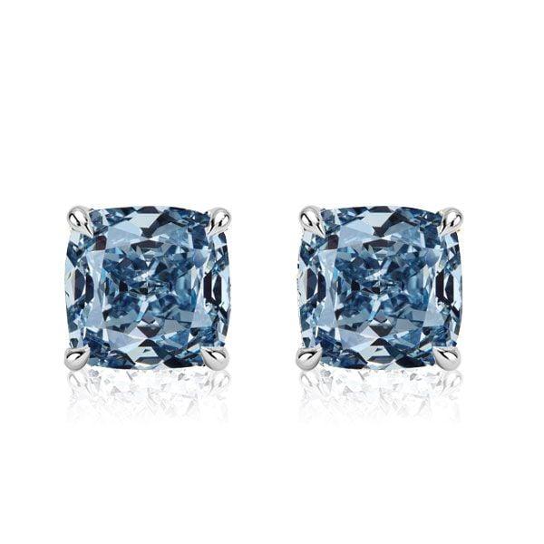 Blue Topaz Cushion Cut Stud Earrings in Sterling Silver with Rhodium Plating