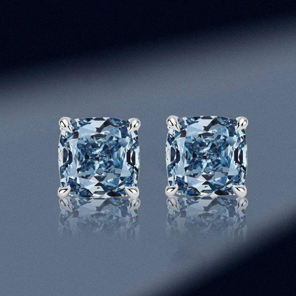 Blue Topaz Cushion Cut Stud Earrings in Sterling Silver with Rhodium Plating