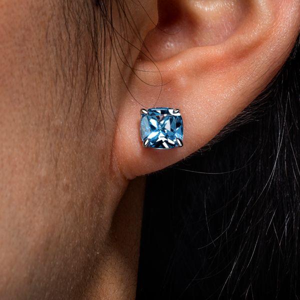 Blue Topaz Cushion Cut Stud Earrings in Sterling Silver with Rhodium Plating