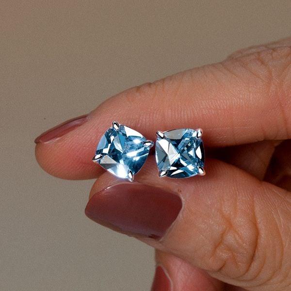 Blue Topaz Cushion Cut Stud Earrings in Sterling Silver with Rhodium Plating