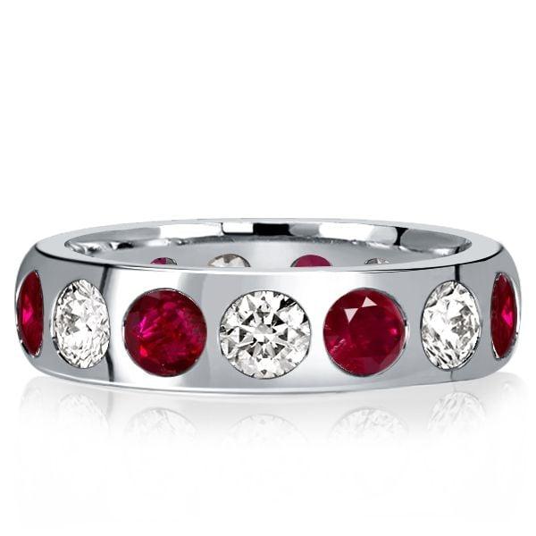 Eternity Wedding Band Flush Setting White and Ruby Stones Sterling Silver