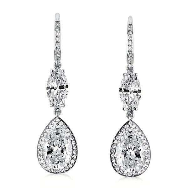Halo Pear & Marquise Drop Earrings - Sterling Silver, 3.05 CT CZ