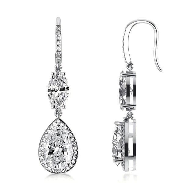 Halo Pear & Marquise Drop Earrings - Sterling Silver, 3.05 CT CZ