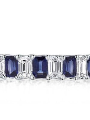 Eternity Blue & White Emerald Cut Wedding Band in Rhodium-Plated Sterling Silver