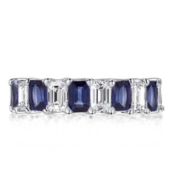 Eternity Blue & White Emerald Cut Wedding Band in Rhodium-Plated Sterling Silver