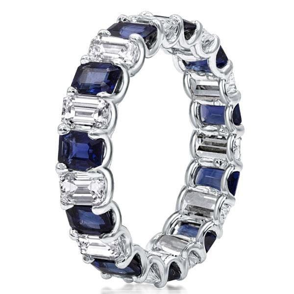 Eternity Blue & White Emerald Cut Wedding Band in Rhodium-Plated Sterling Silver