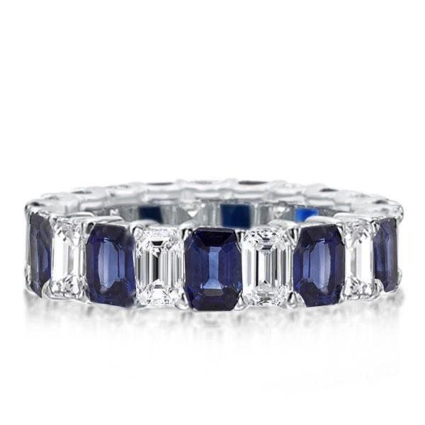 Eternity Blue & White Emerald Cut Wedding Band in Rhodium-Plated Sterling Silver
