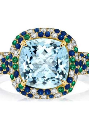 Cushion Cut Aquamarine Wedding Ring - 18K Gold Plated Sterling Silver
