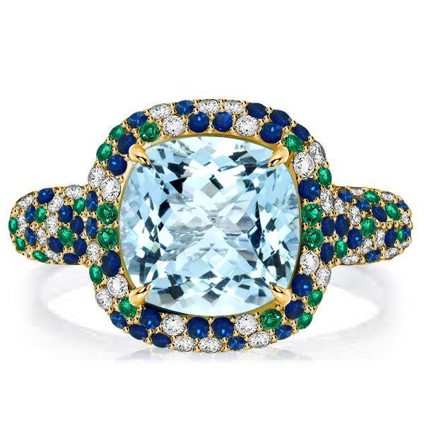 Cushion Cut Aquamarine Wedding Ring - 18K Gold Plated Sterling Silver